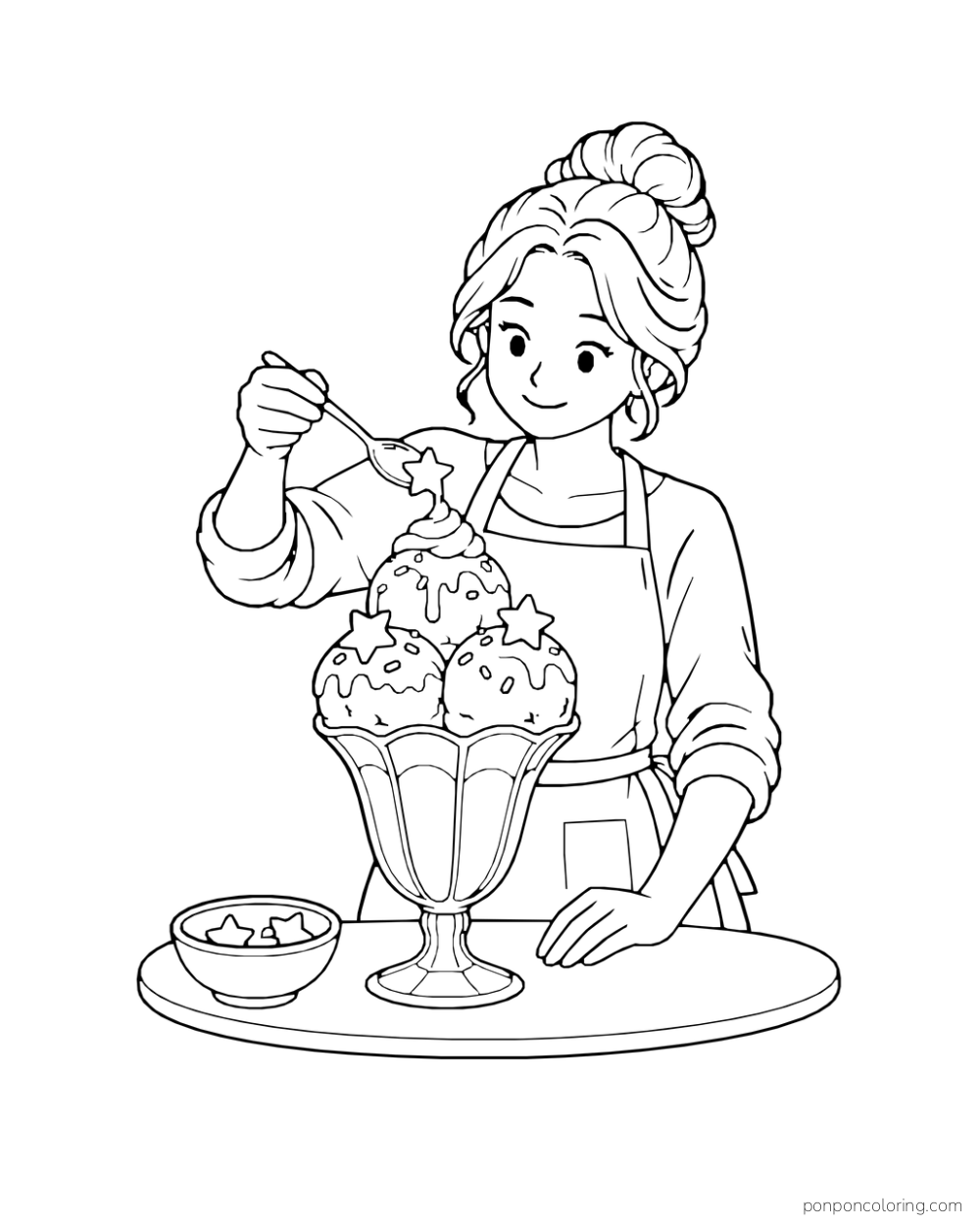 A woman uses a spoon to place a star-shaped topping on a three-scoop sundae at an oval counter.