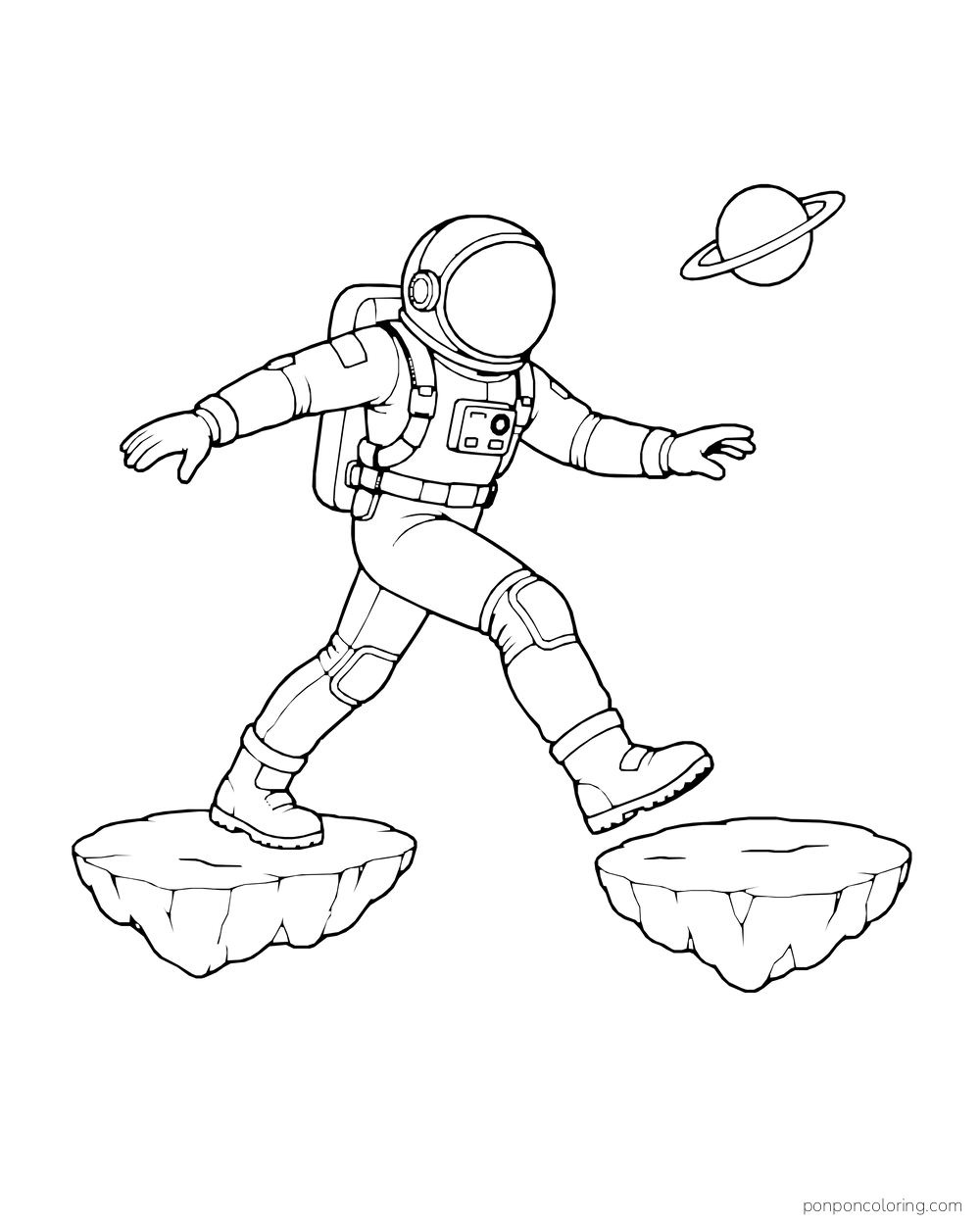 An astronaut steps between two floating rock platforms beneath a ringed planet.