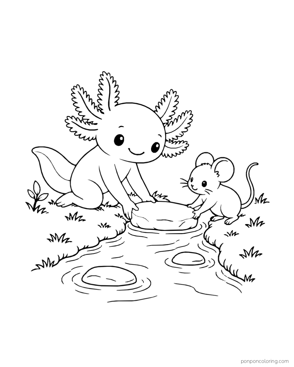 Axolotl and small mouse holding a broad stone beside a shallow stream with other stones.