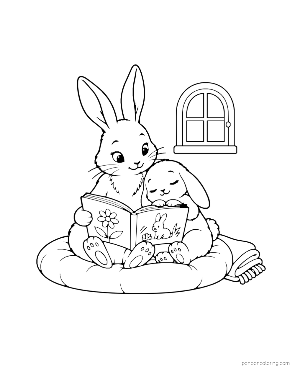 An adult rabbit reads a picture book to a sleeping baby rabbit on a cushion by an arched window.