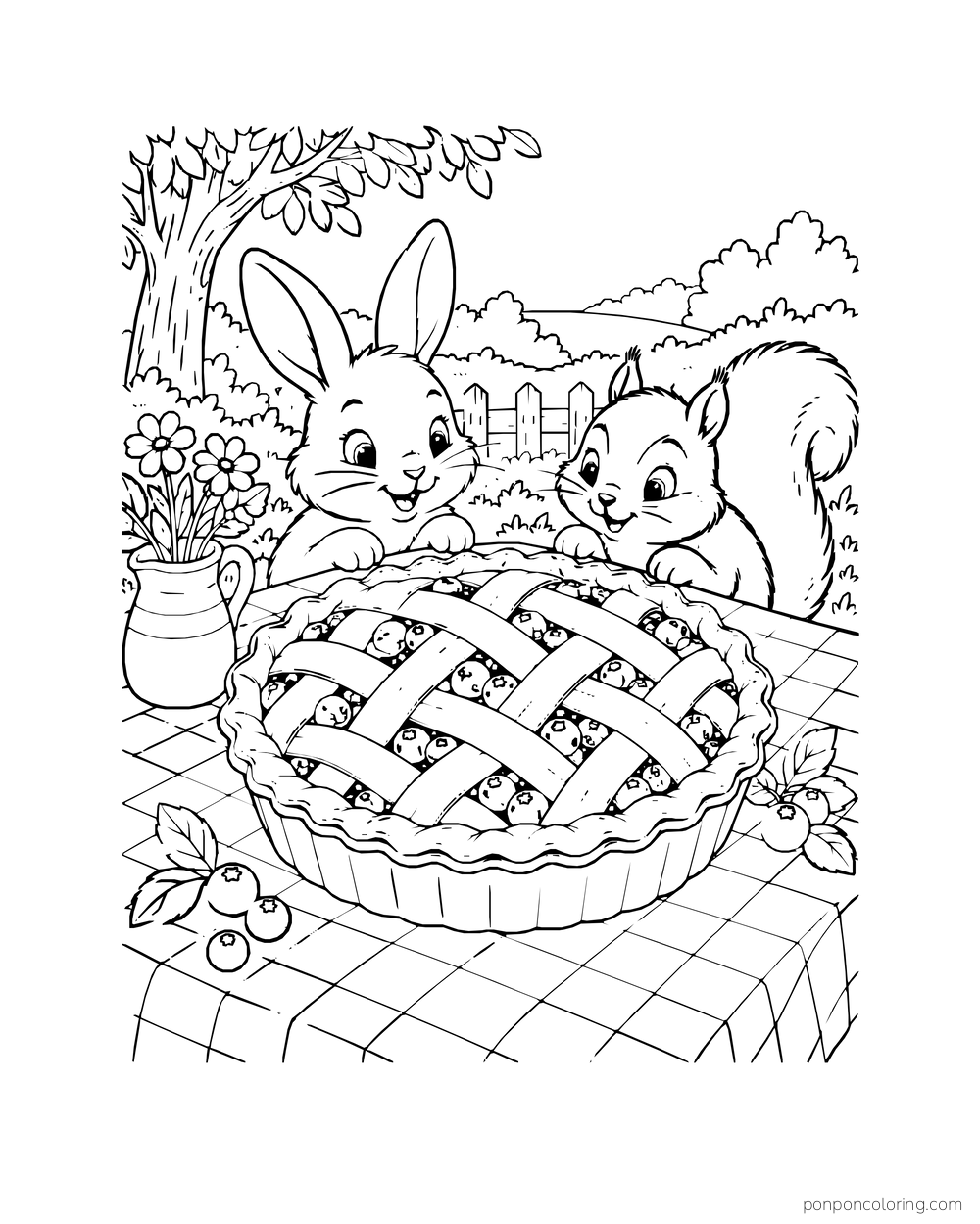 A rabbit and squirrel peek over a lattice berry pie on an outdoor table.