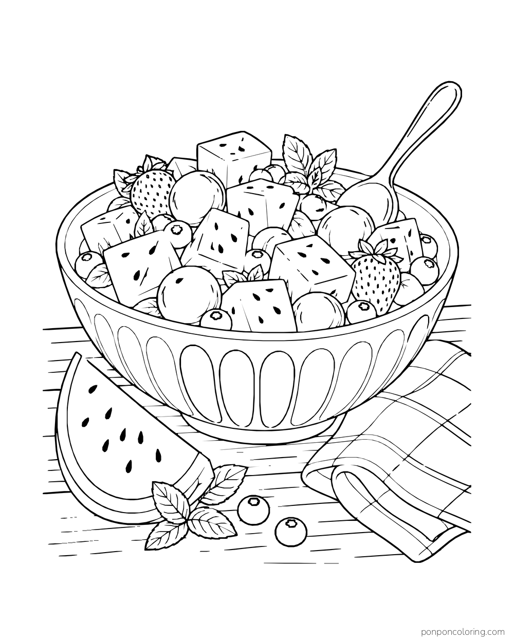 A bowl of watermelon cubes, berries, and round fruit with a serving spoon beside a cut wedge.