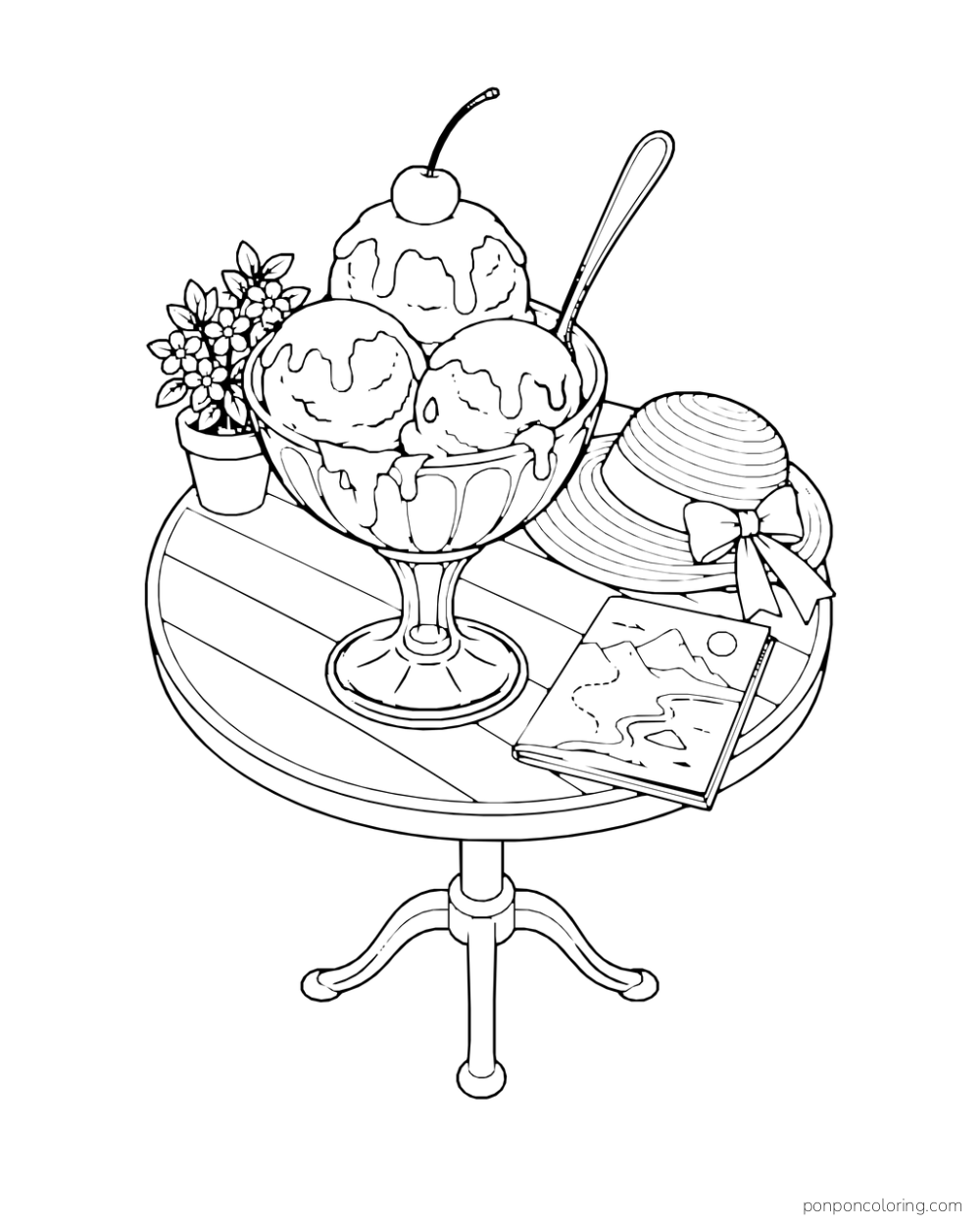 A three-scoop glass sundae sits on a cafe table beside a sunhat, a booklet with a route drawing, and flowers.