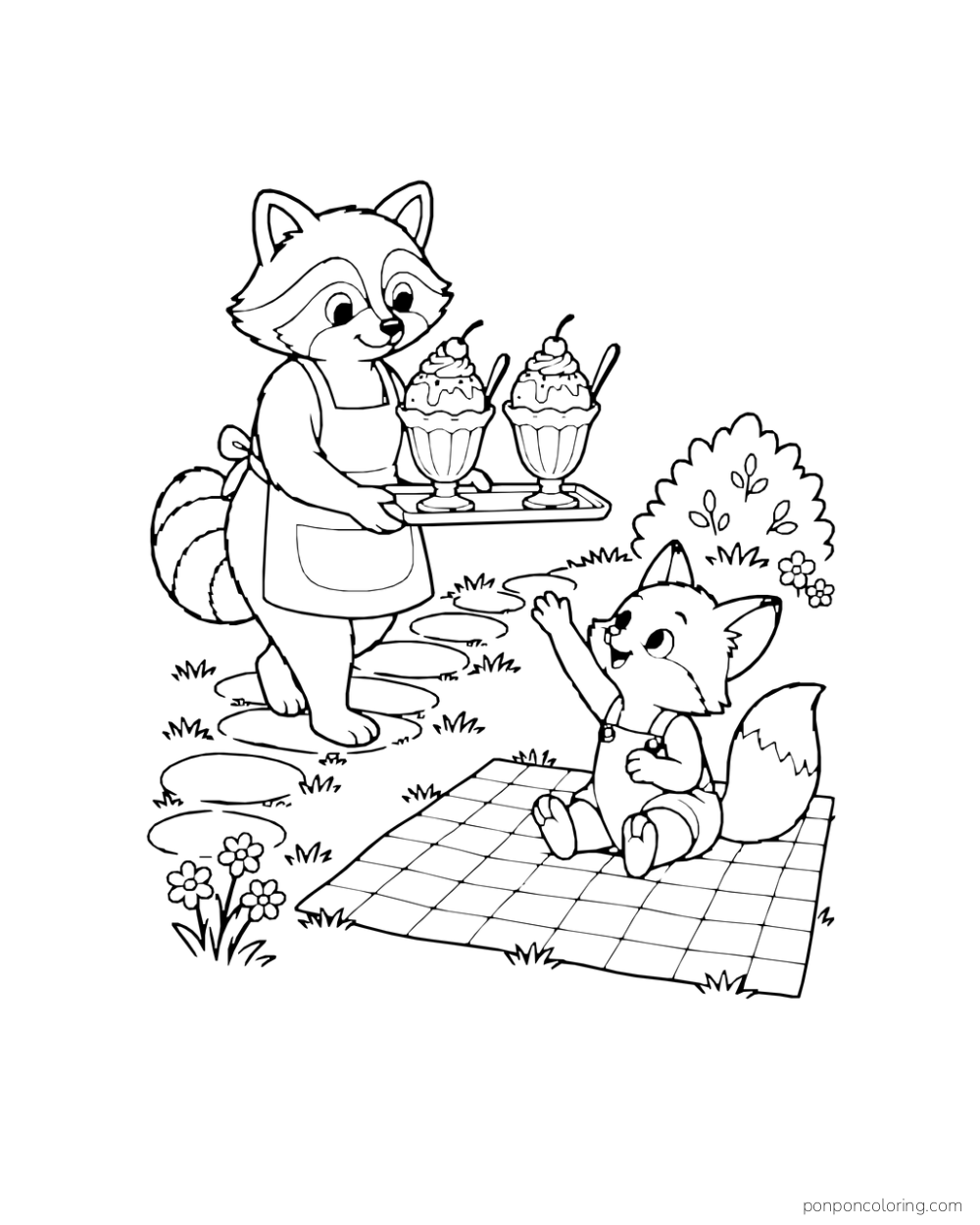 A raccoon carries a tray with two sundaes toward a young fox on a picnic blanket.