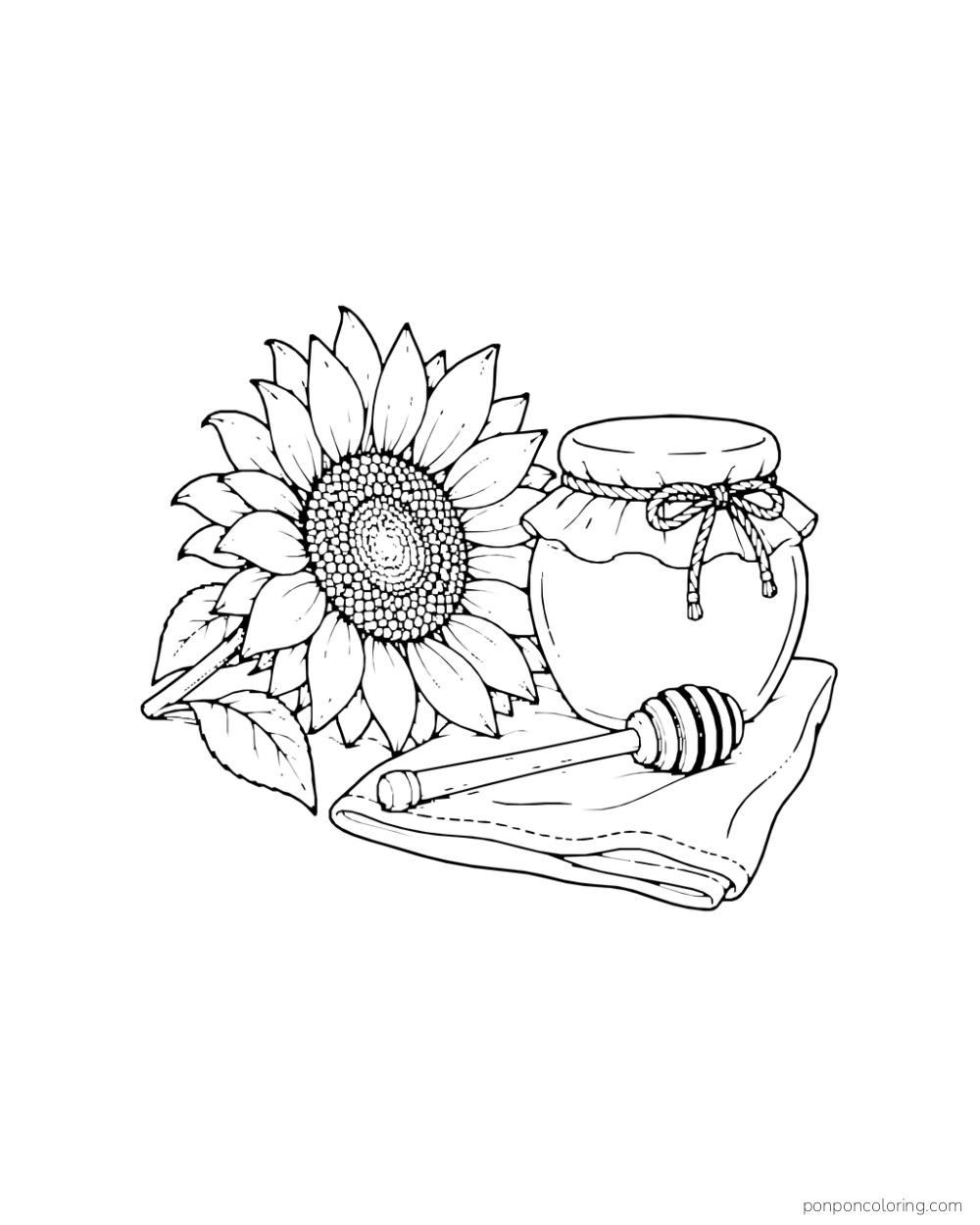 A sunflower lies beside a honey jar and a wooden dipper on folded cloth.