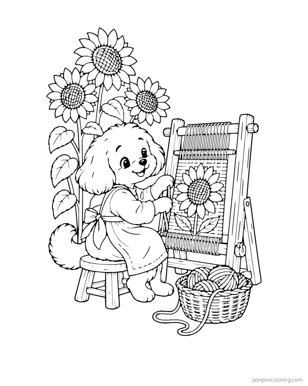 An apron-wearing puppy works at a loom with a sunflower design and a basket of yarn.