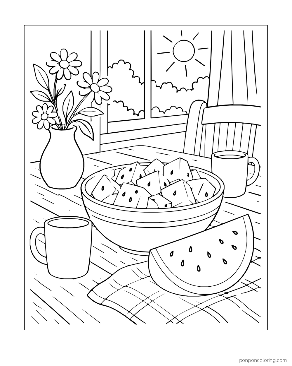 A bowl of watermelon cubes with two mugs and flowers on a sunny breakfast table.
