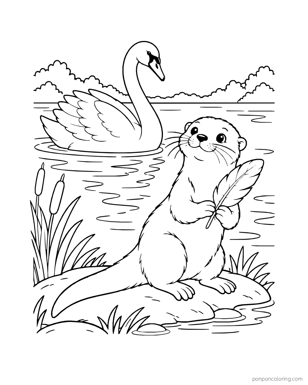 Otter holding a fallen feather while a swan glides on the water behind.