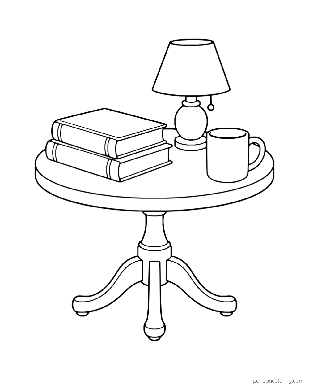 A round side table holding two closed books, a lamp, and a mug.