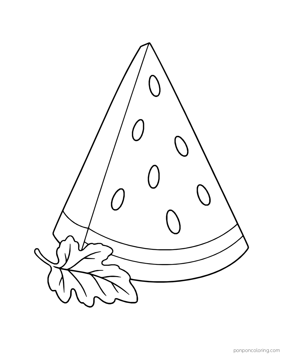 A tall triangular watermelon wedge with outlined seeds, two rind bands, and a small leaf.