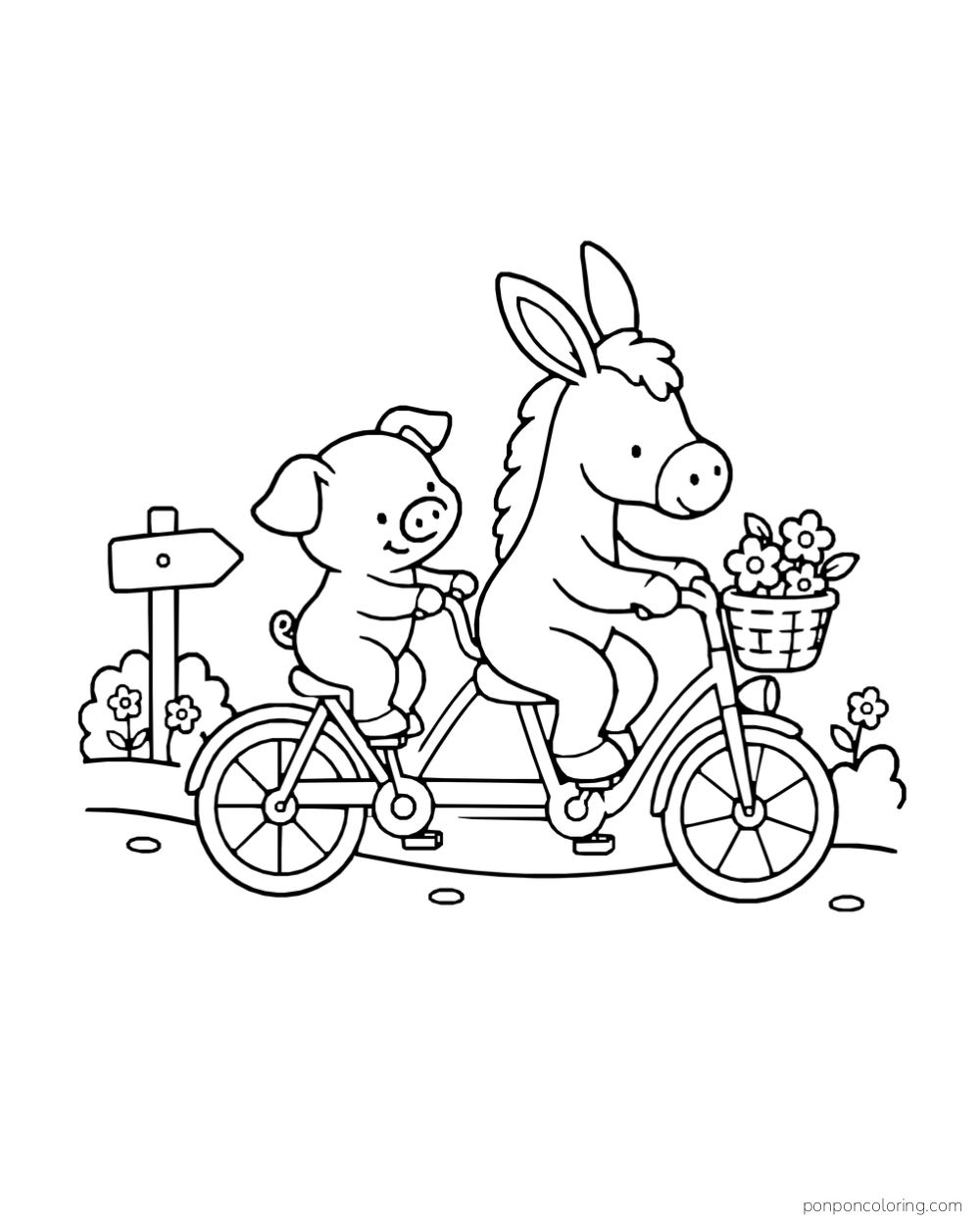 A donkey and pig ride a tandem bicycle with a flower basket past a signpost.