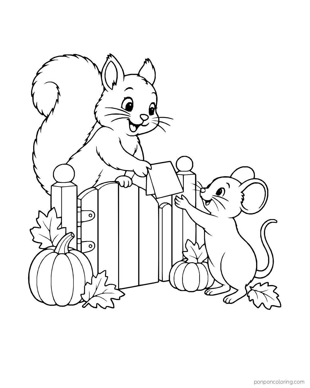 A squirrel passes a blank folded card to a mouse across a small gate.