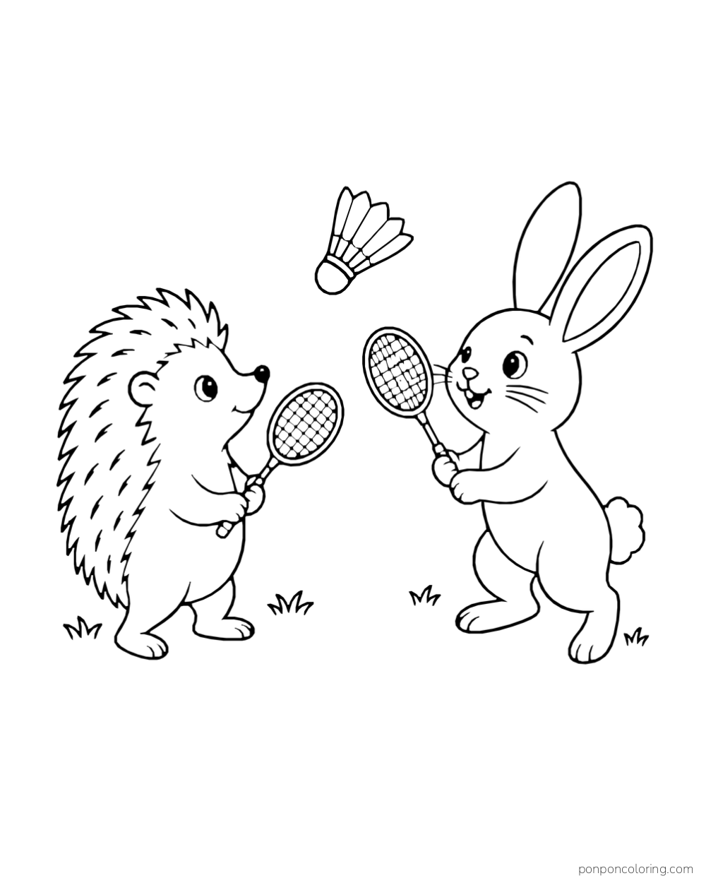 A hedgehog and rabbit play badminton with a shuttlecock overhead.
