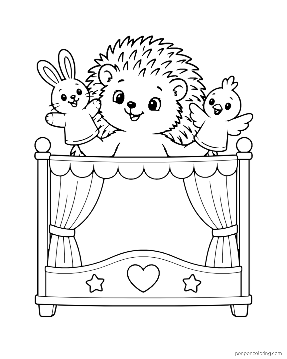 A hedgehog holds bunny and bird puppets above a little curtained theater.