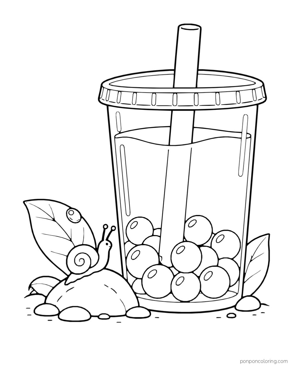 A tiny snail sits beside a large pearl-filled boba cup on a stone.