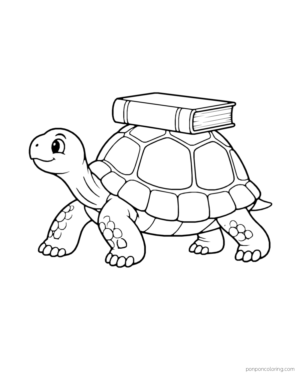 A tortoise walking with a closed book balanced on its shell.