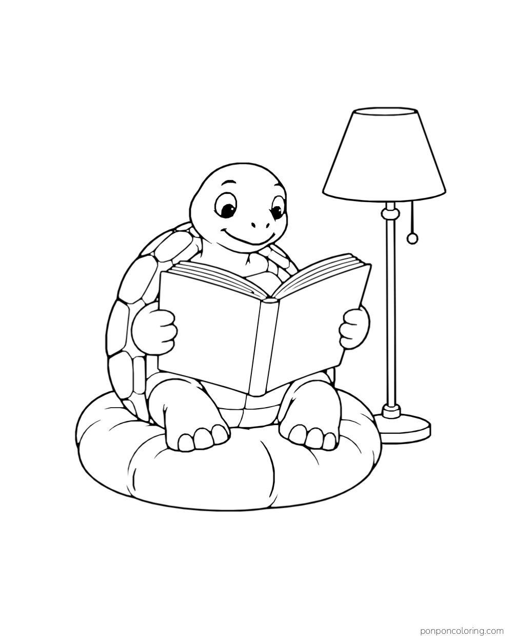 A tortoise with round glasses reading an oversized book on a cushion beside a floor lamp.