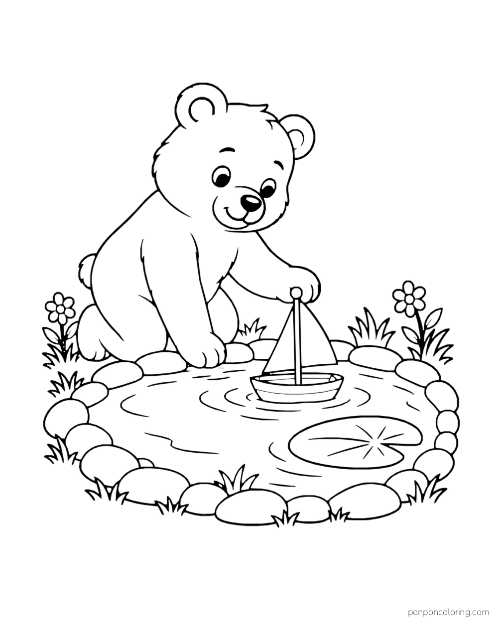 A bear kneels beside an enclosed pond and steadies a small sailboat on the water.