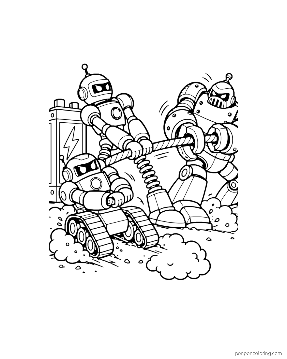 Two robots brace and pull a cable against a rogue machine near a power box.