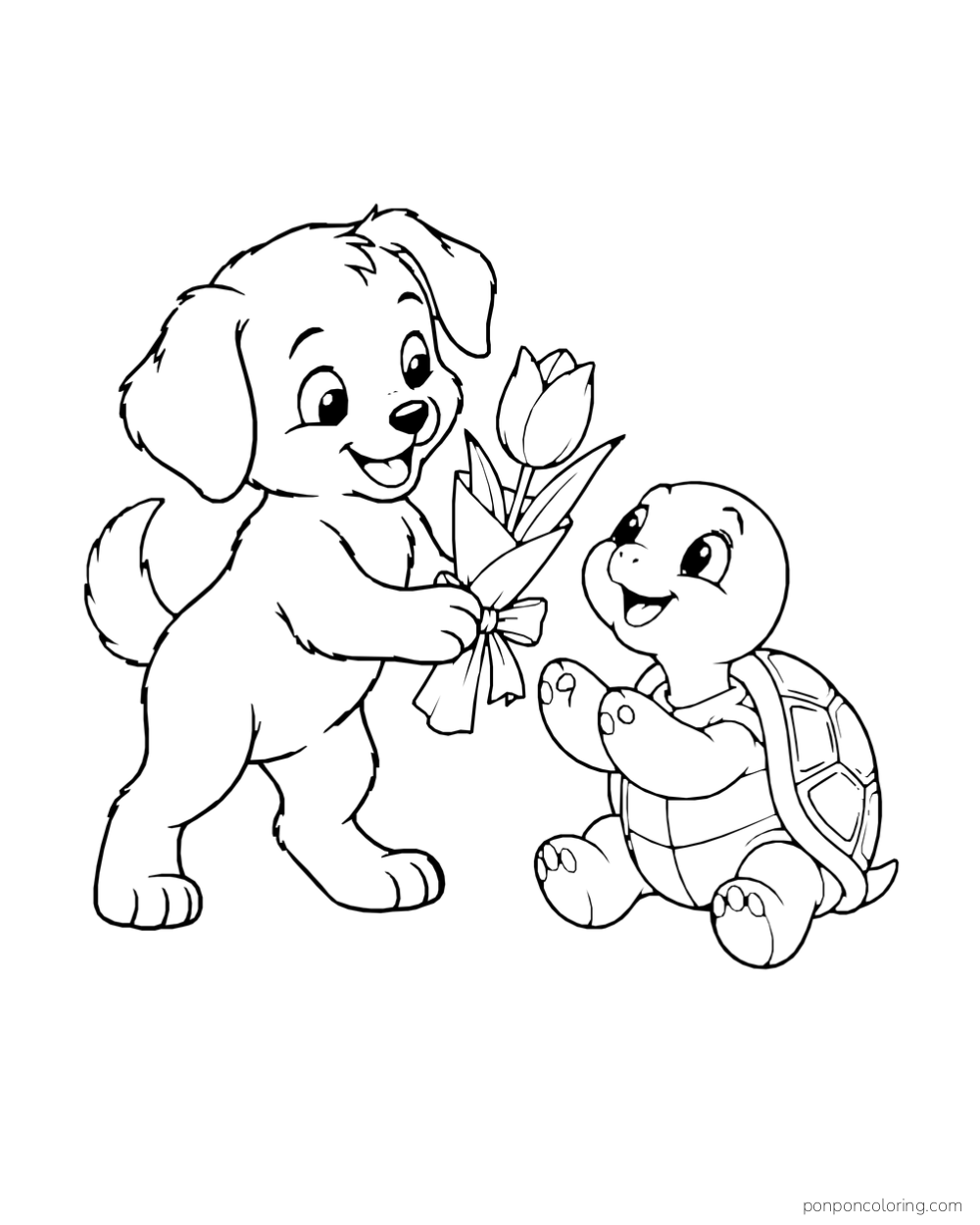 A puppy offering a wrapped tulip to a seated turtle.