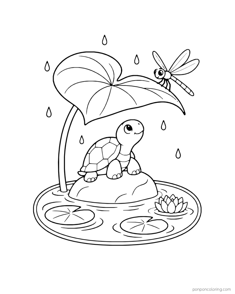 A turtle sits on a rock beneath a broad lily leaf near a pond and dragonfly.