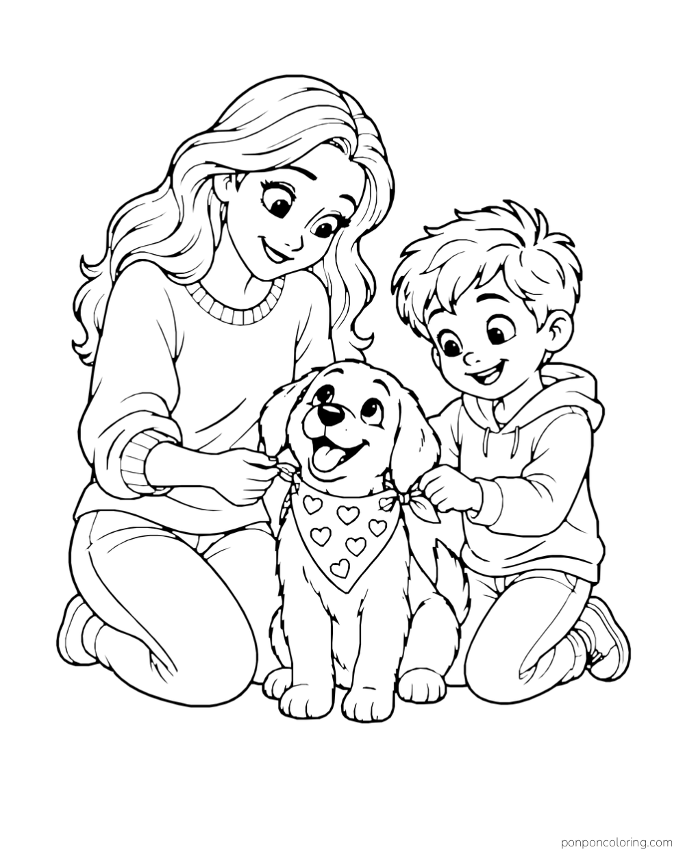A mother and son tie a heart-patterned bandana around their puppy.