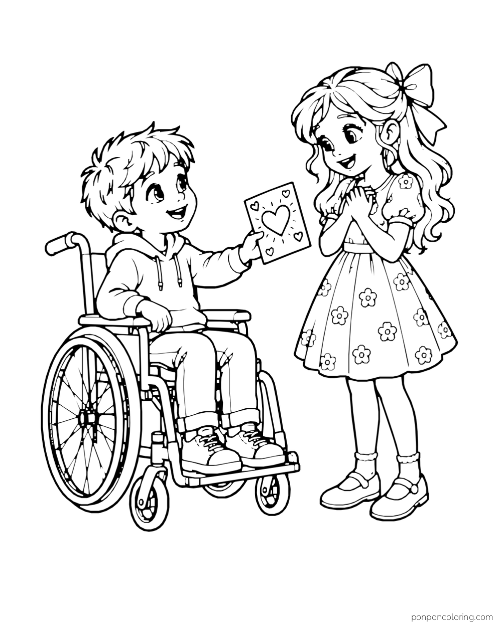 A boy in a wheelchair gives a heart-decorated card to a smiling girl.