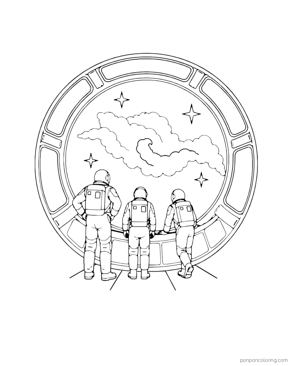 Three astronauts look through a broad round window at a curled cloud-like form and stars.
