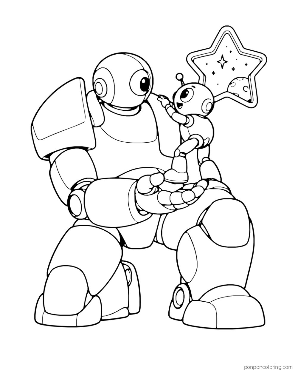 Large mech helps a small robot climb to its shoulder for a view.