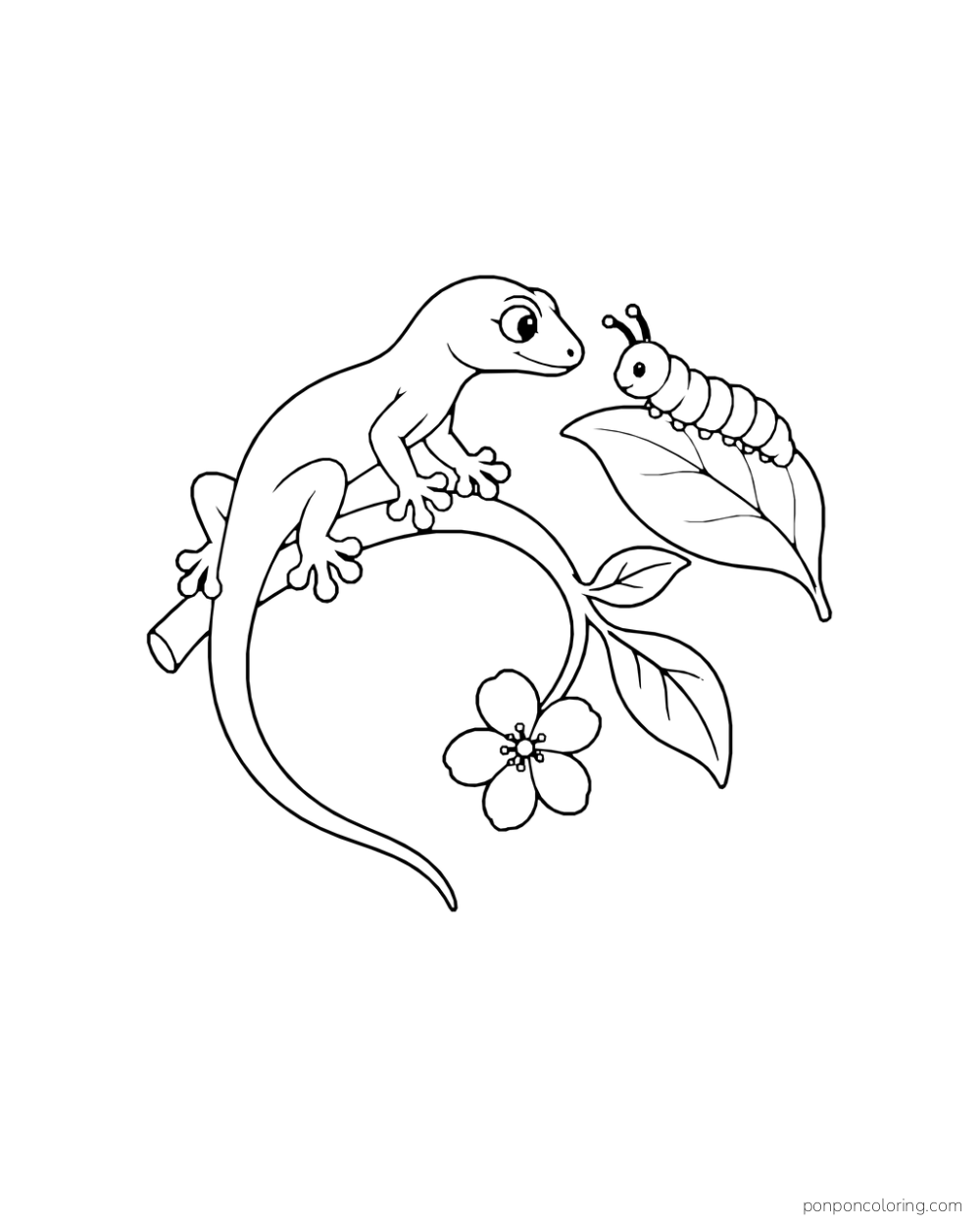 A gecko on a short curved twig faces a caterpillar on a separate broad leaf.