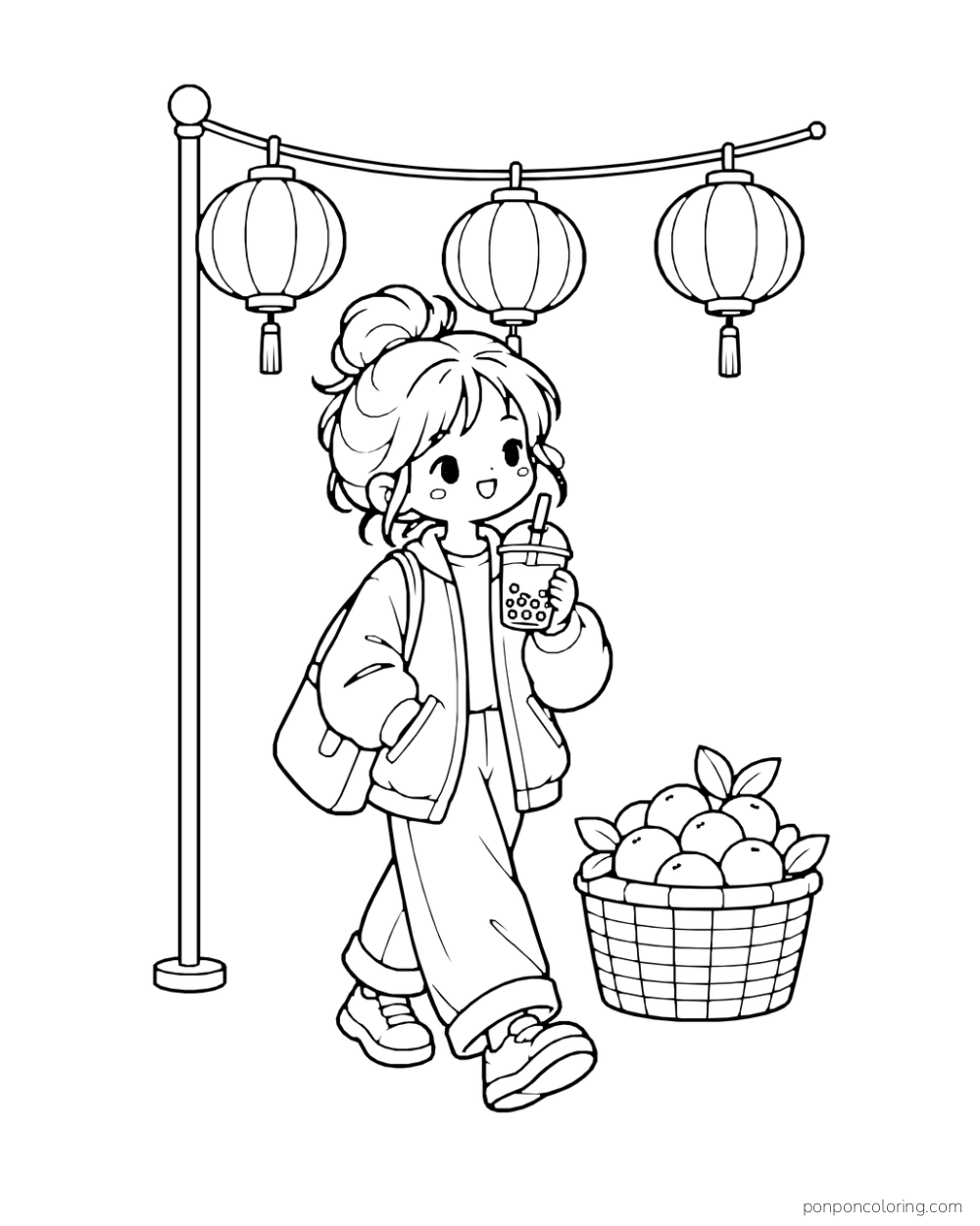 A person carries a boba cup past hanging lanterns and a basket of fruit.
