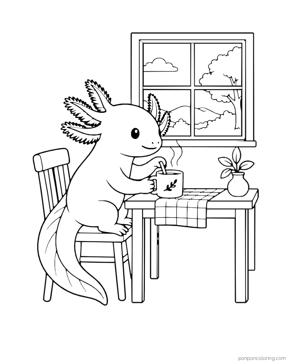 Axolotl seated at a table with a steaming cup, a flower vase, and a window beyond.