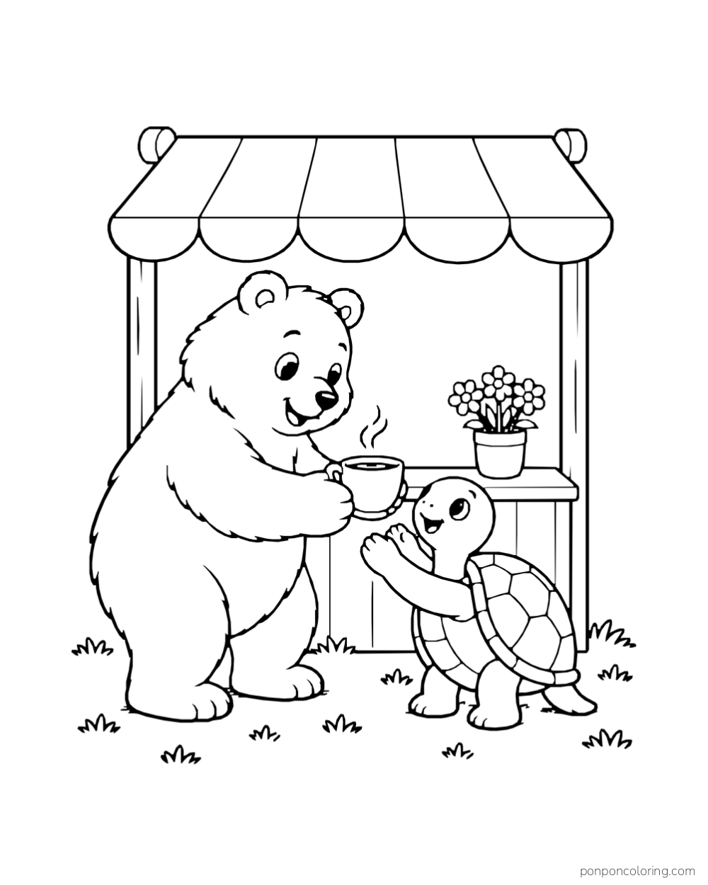 A bear offers a steaming cup to a turtle beneath a small awning.