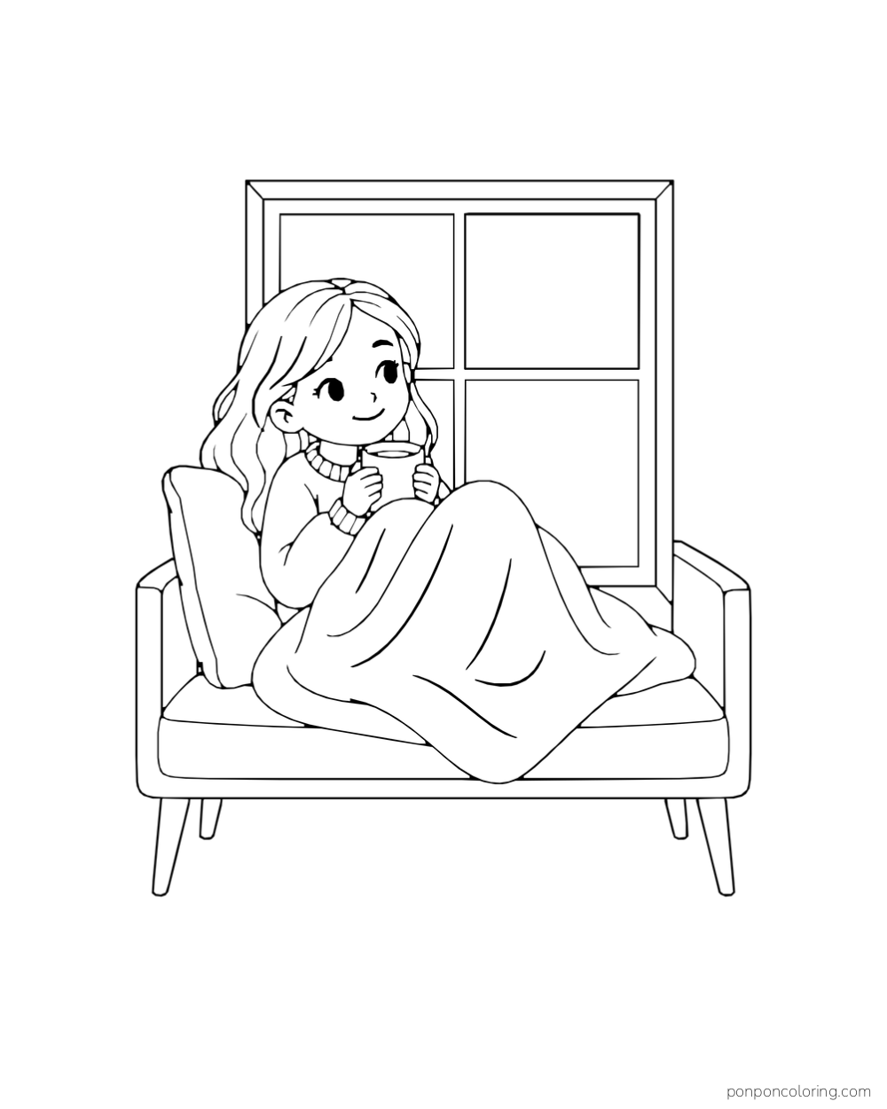 A girl holds a mug beneath a blanket on a cushioned seat beside a window.