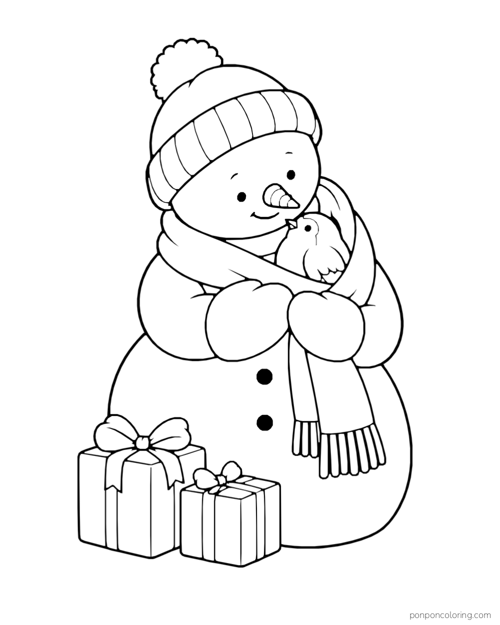 A snowman shelters a small robin in its scarf beside two wrapped gifts.