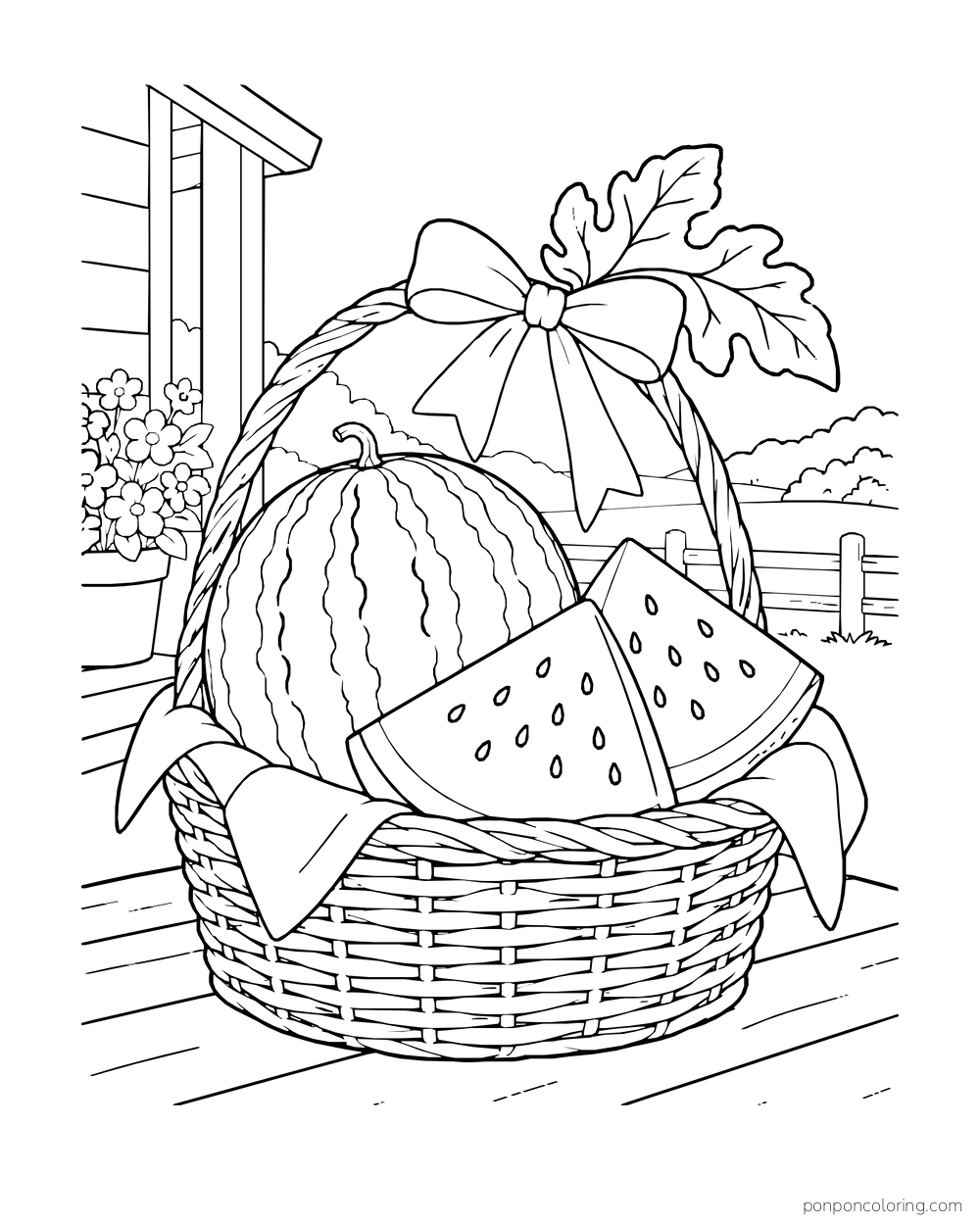 A ribboned basket holding a whole watermelon and two wedges beside a garden porch.