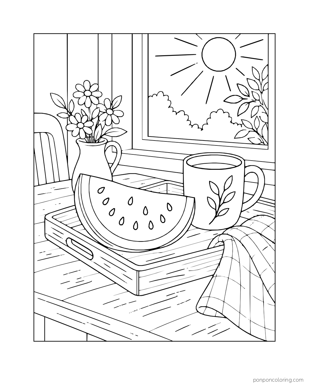 A watermelon wedge, mug, and flower vase on a tray by a sunny window.