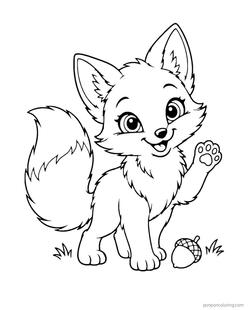 A fox kit raises one paw with an acorn at its feet.