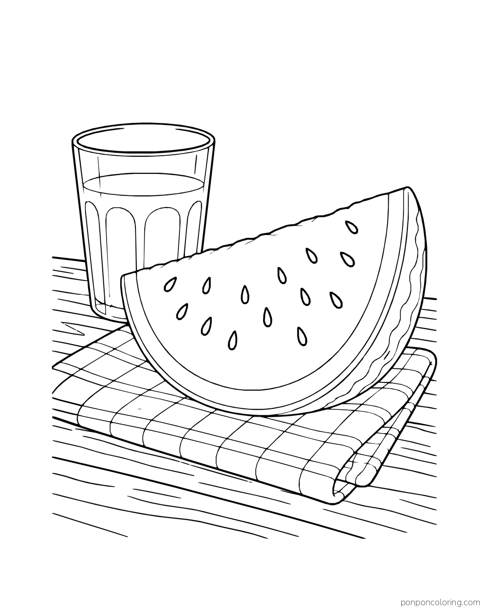 A large seeded watermelon wedge on a checked napkin beside a drinking glass.