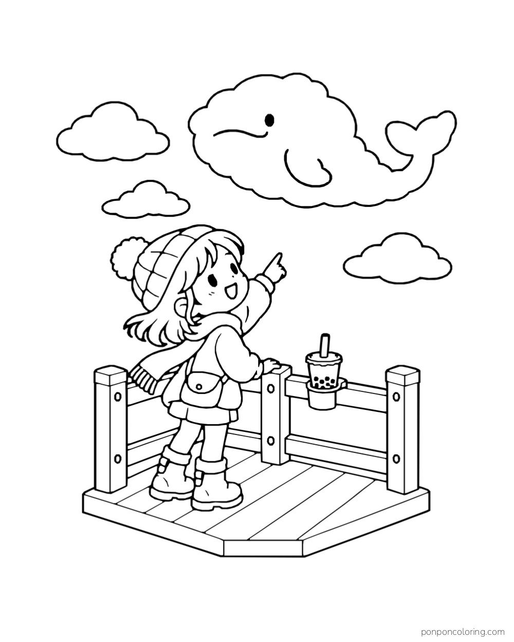 A child points toward a smiling whale-shaped cloud with a boba cup on the railing.