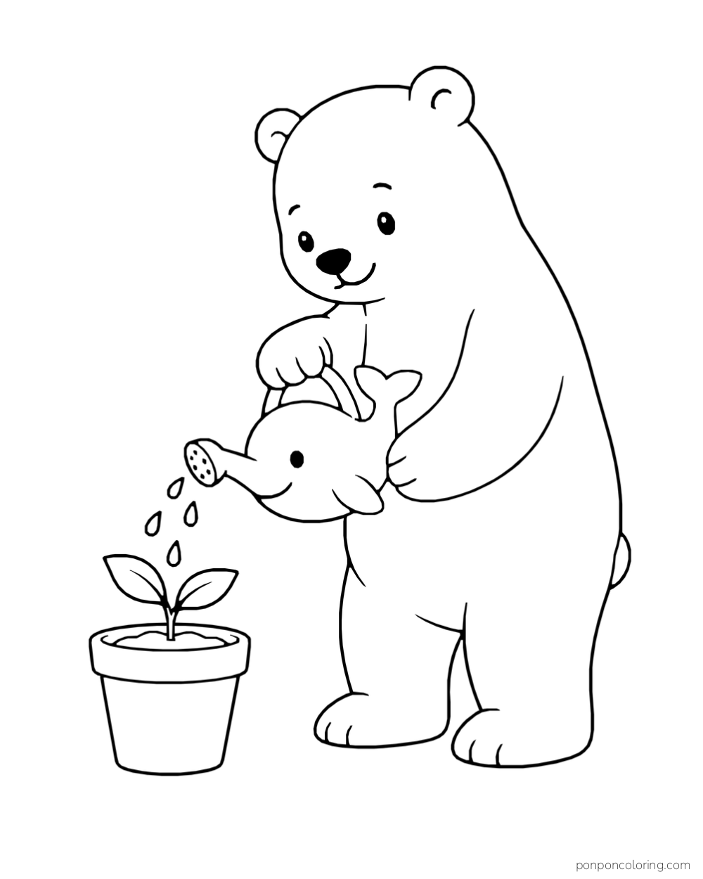 A polar bear waters a seedling with a whale-shaped watering can.