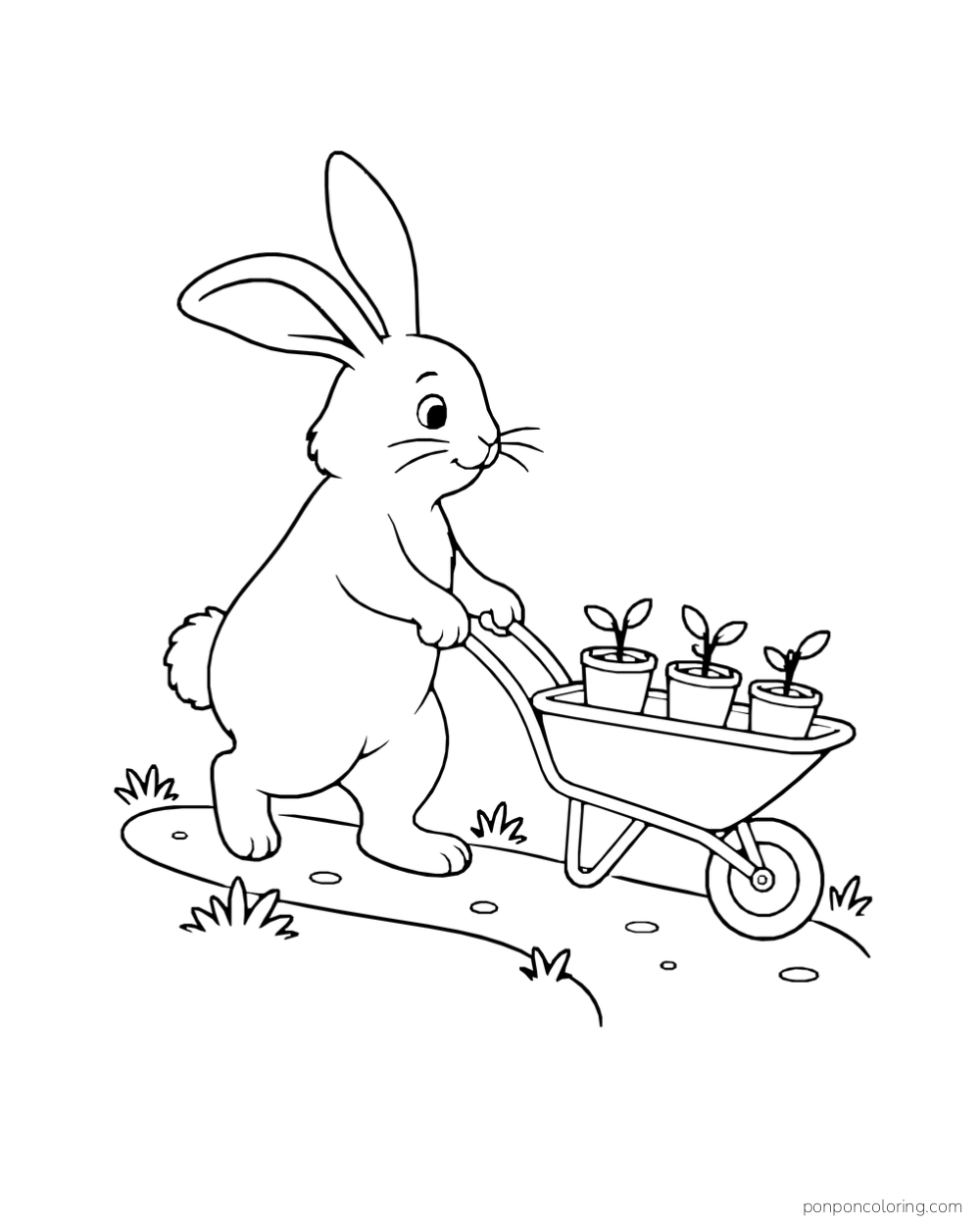 A rabbit pushes a wheelbarrow carrying three little potted seedlings.