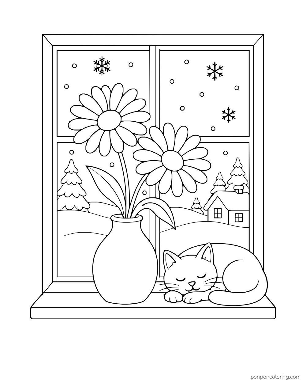 Two daisies in a vase stand at a snowy window above a sleeping kitten.