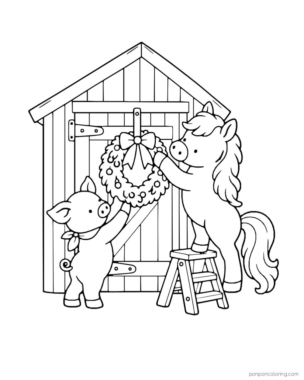 A pig and pony hang a ribboned wreath on a barn door.
