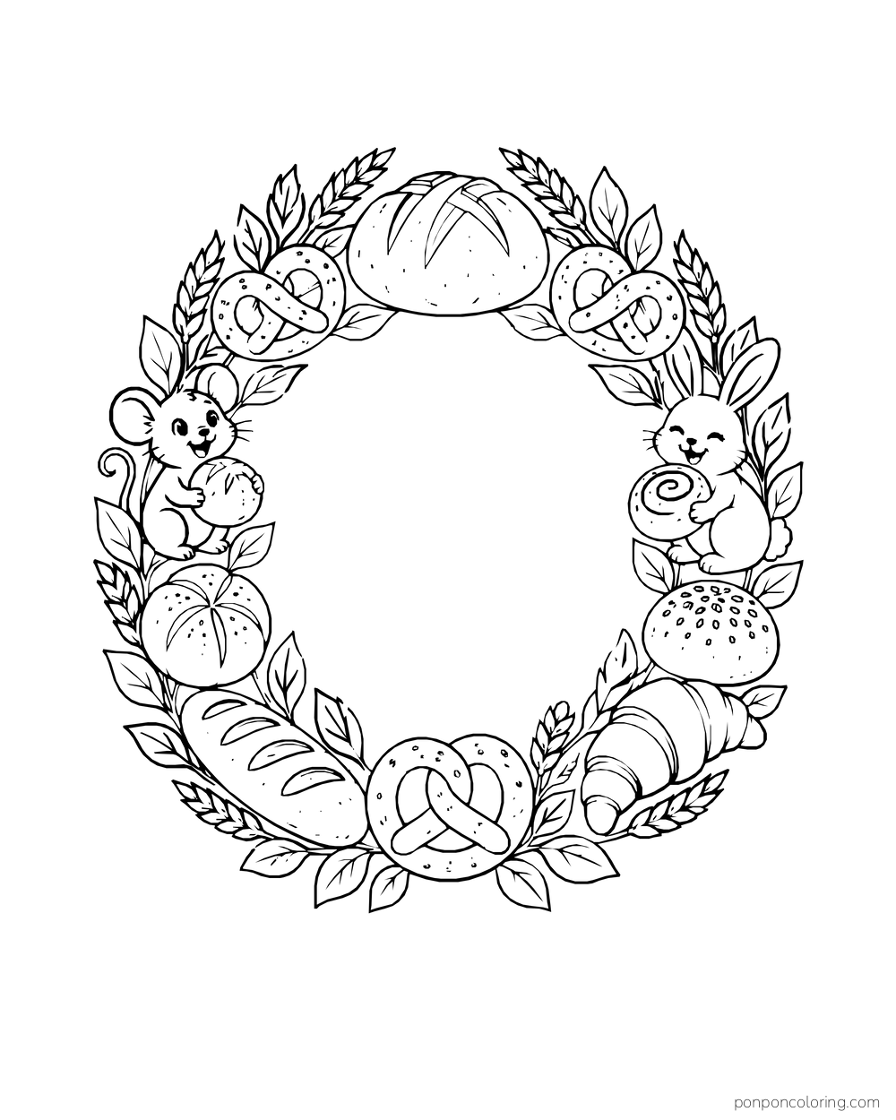 A circular wreath of bread, pretzels, wheat, and leaves has two tiny animal visitors.