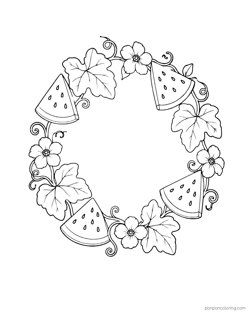A circular wreath of watermelon wedges, vine leaves, blossoms, and curling stems.