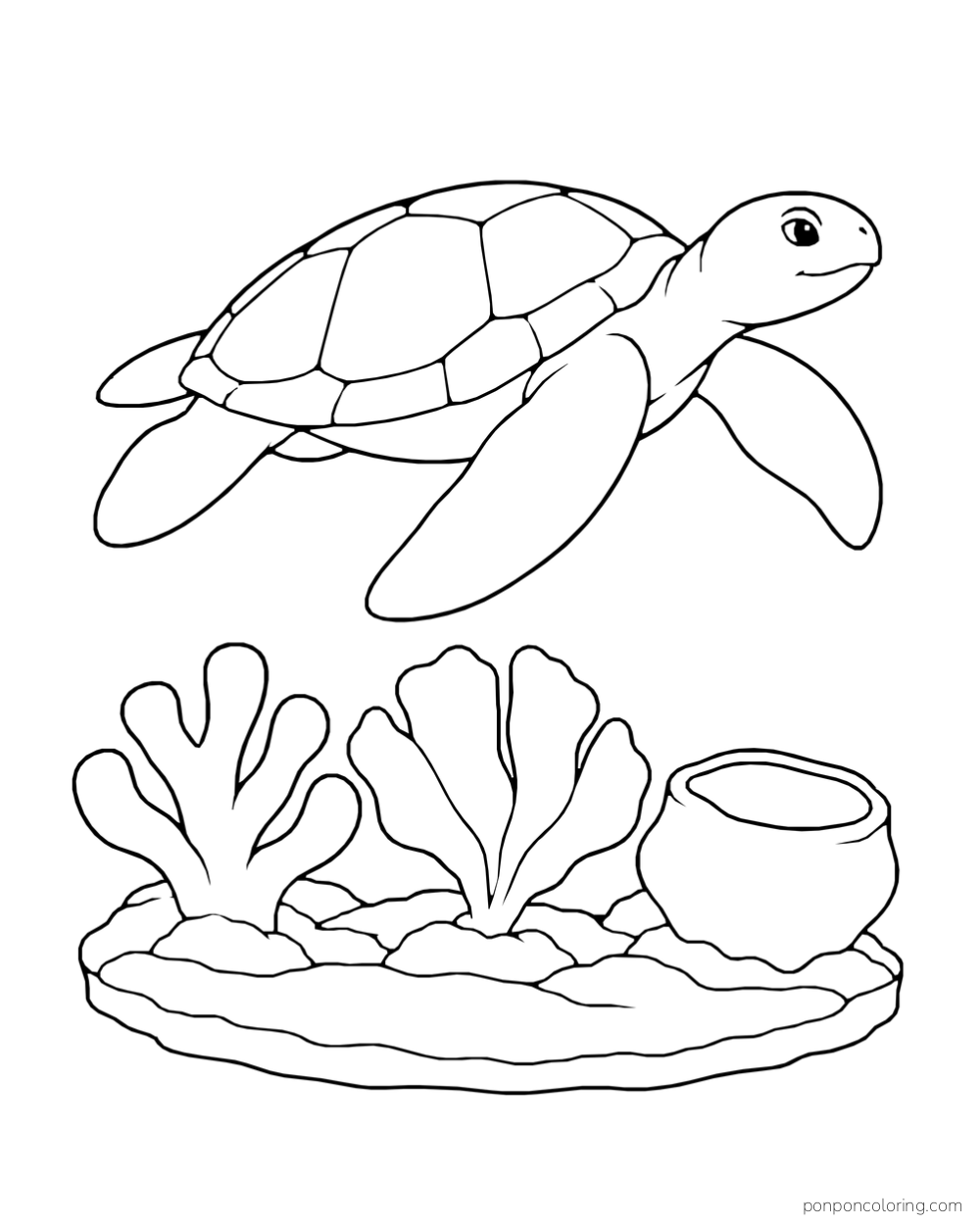 A sea turtle glides above broad branching and fan corals beside a round open bowl shape.