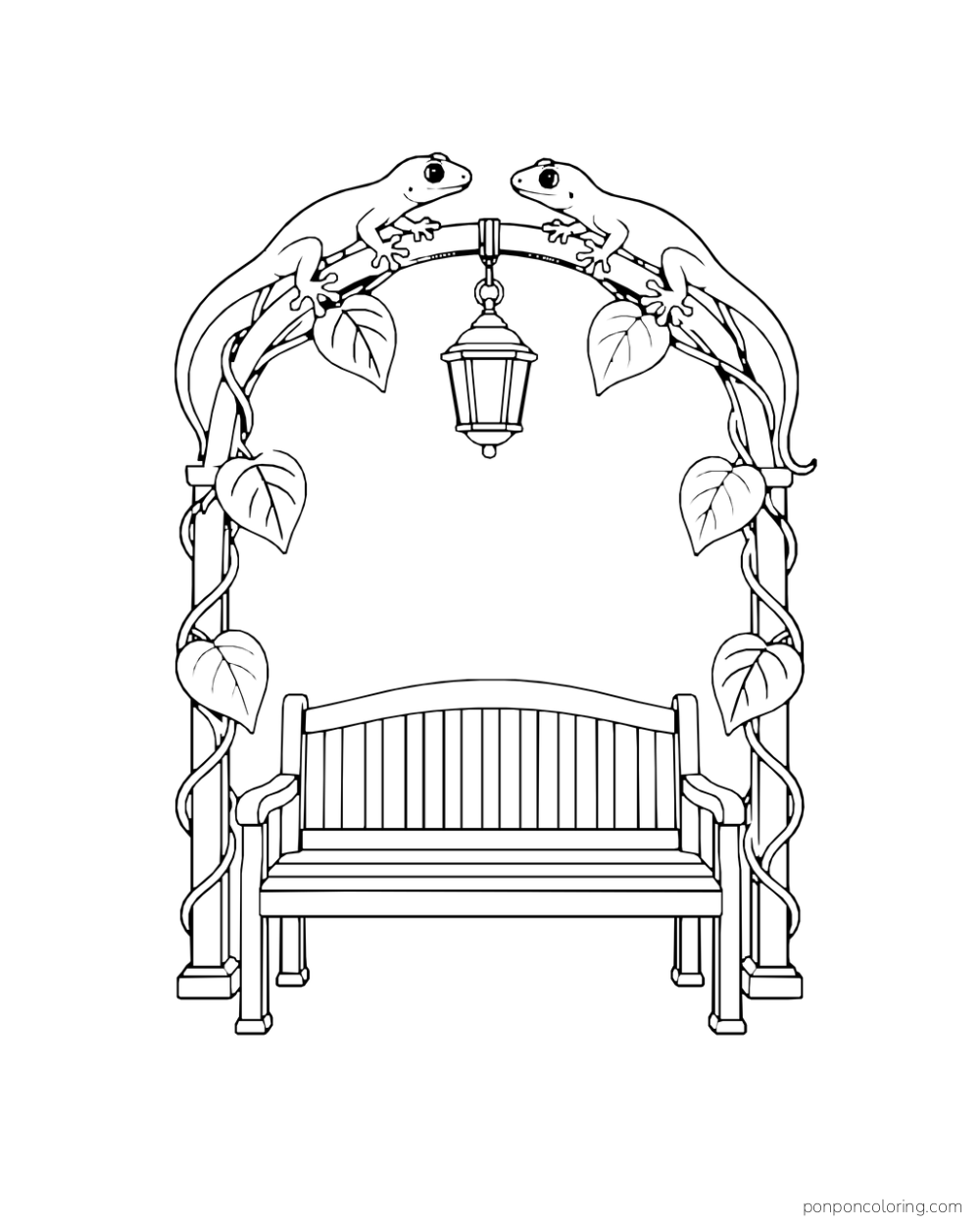 Two geckos face each other near the top of a leafy garden arch over an empty bench and hanging lantern.