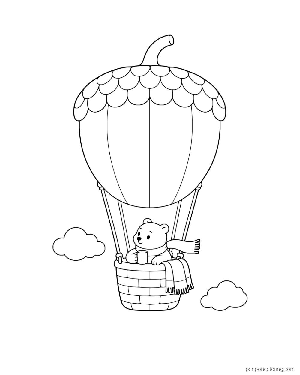 A scarf-wearing bear rides in the basket of an acorn-shaped hot-air balloon above two clouds.
