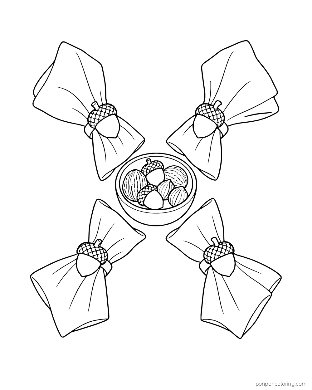 Four folded cloth napkins wear acorn rings around a small bowl of acorns.